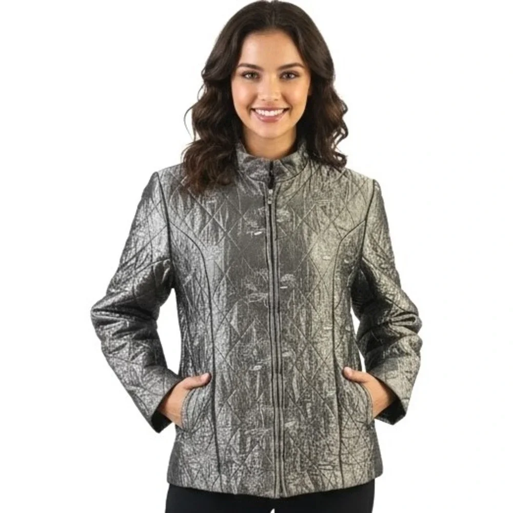 Leomarina Boutique Women Jacket Grey Quilted Embroidered Full Zip Side Pockets‎